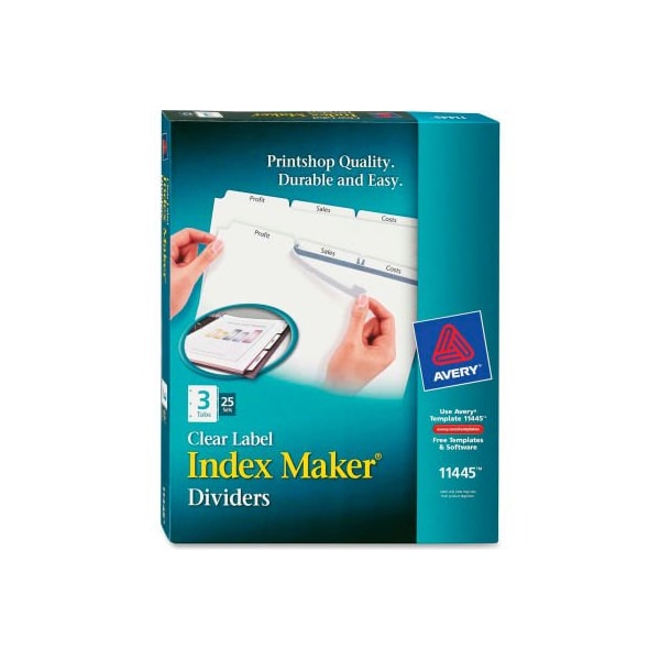 Avery Dennison Avery Index Maker Clear Label Divider, Blank, 8.5"x11", 3 Tabs, 25 Sets, White/White 11445 - main